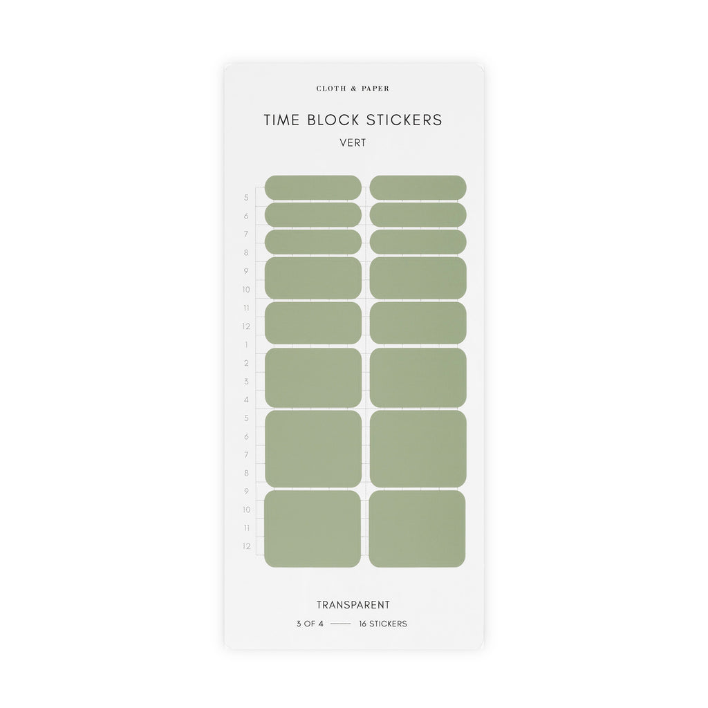 Vert green time block stickers displayed on a white background.