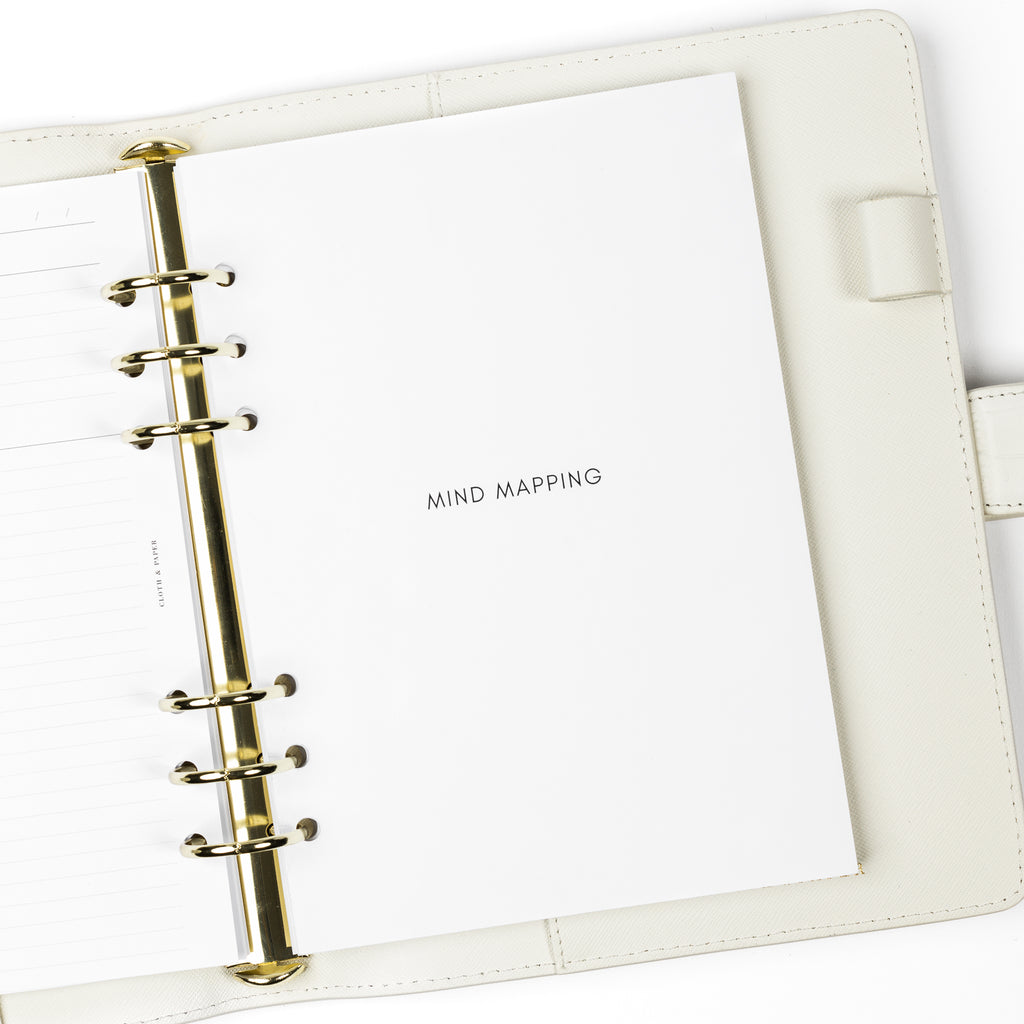 Mind Mapping insert in use inside of a white 6-ring leather agenda.