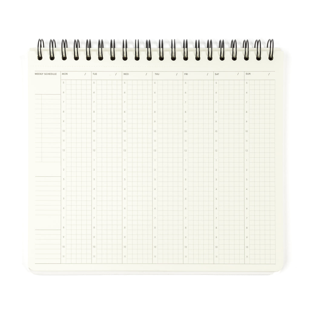 Weekly schedule page displayed on a white background. There are fields for Monday through Sunday. On the left side of the page, there are fields for a checklist and two notes sections.