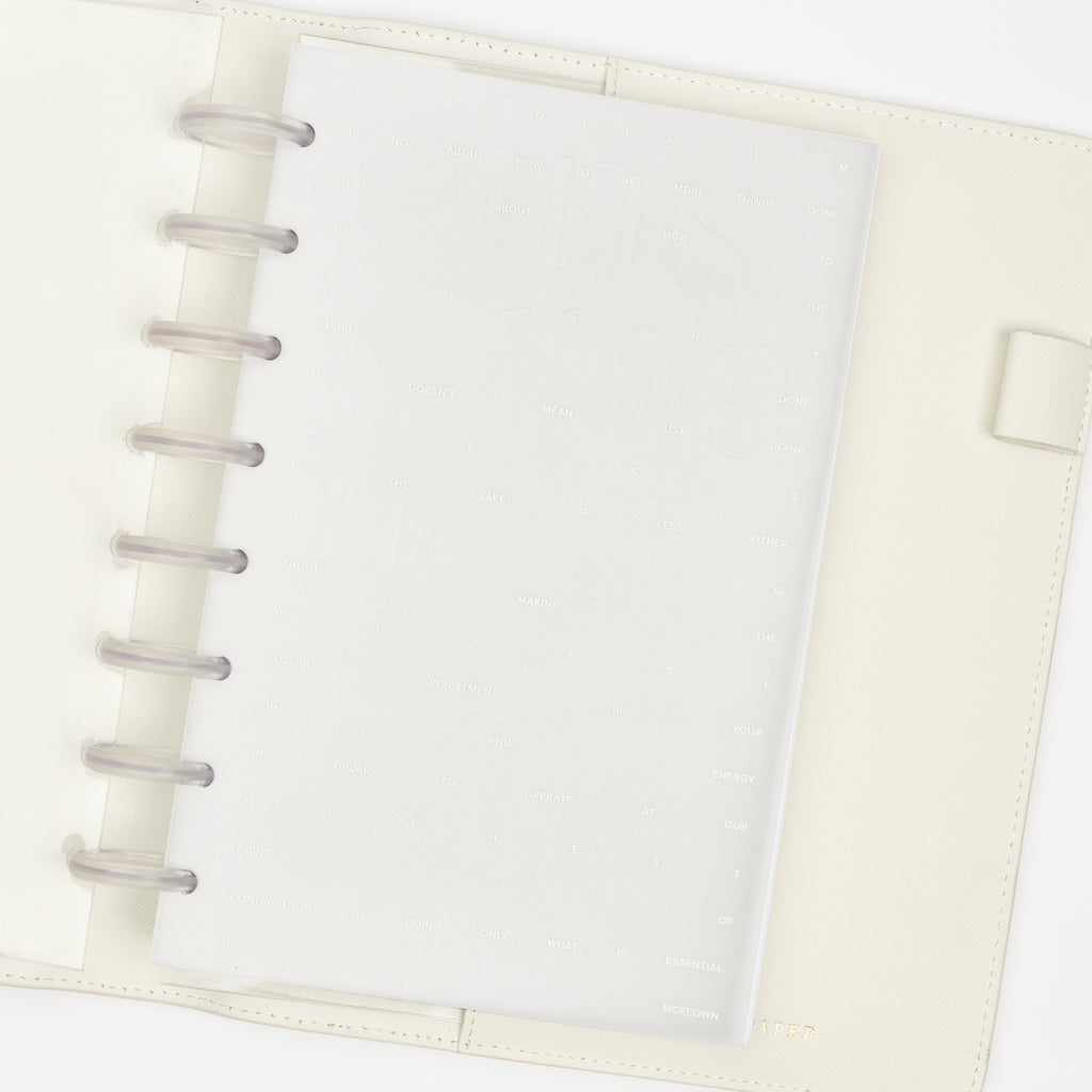  Dashboard duo in use inside a discbound planner system. The transparent vellum dashboard is layered over a blank white sheet of paper.