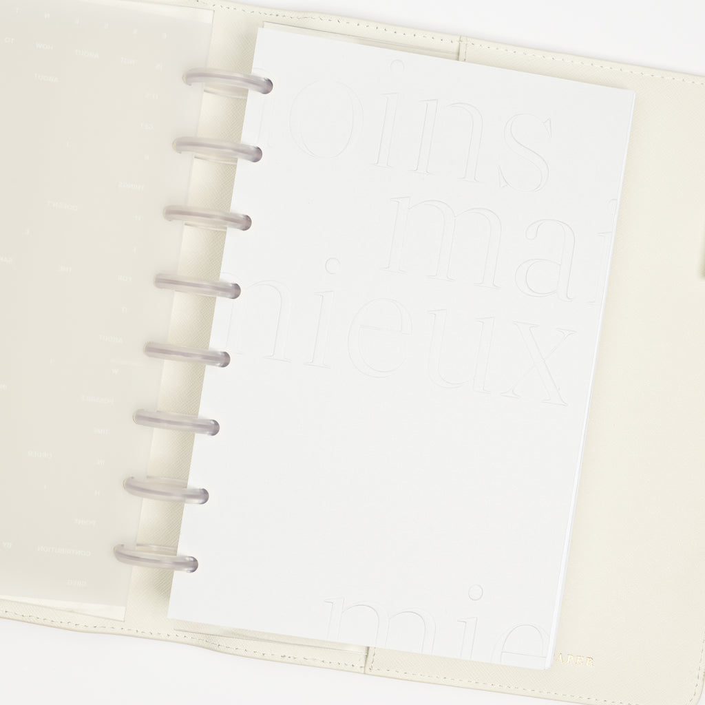 Dashboard duo in use inside a discbound planner system. Dashboard displayed is opaque white with embossed text.