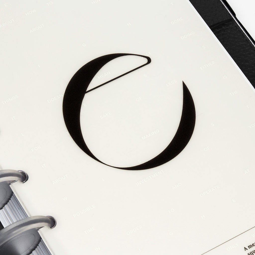 Closeup of the "e" character printing on the front cover.