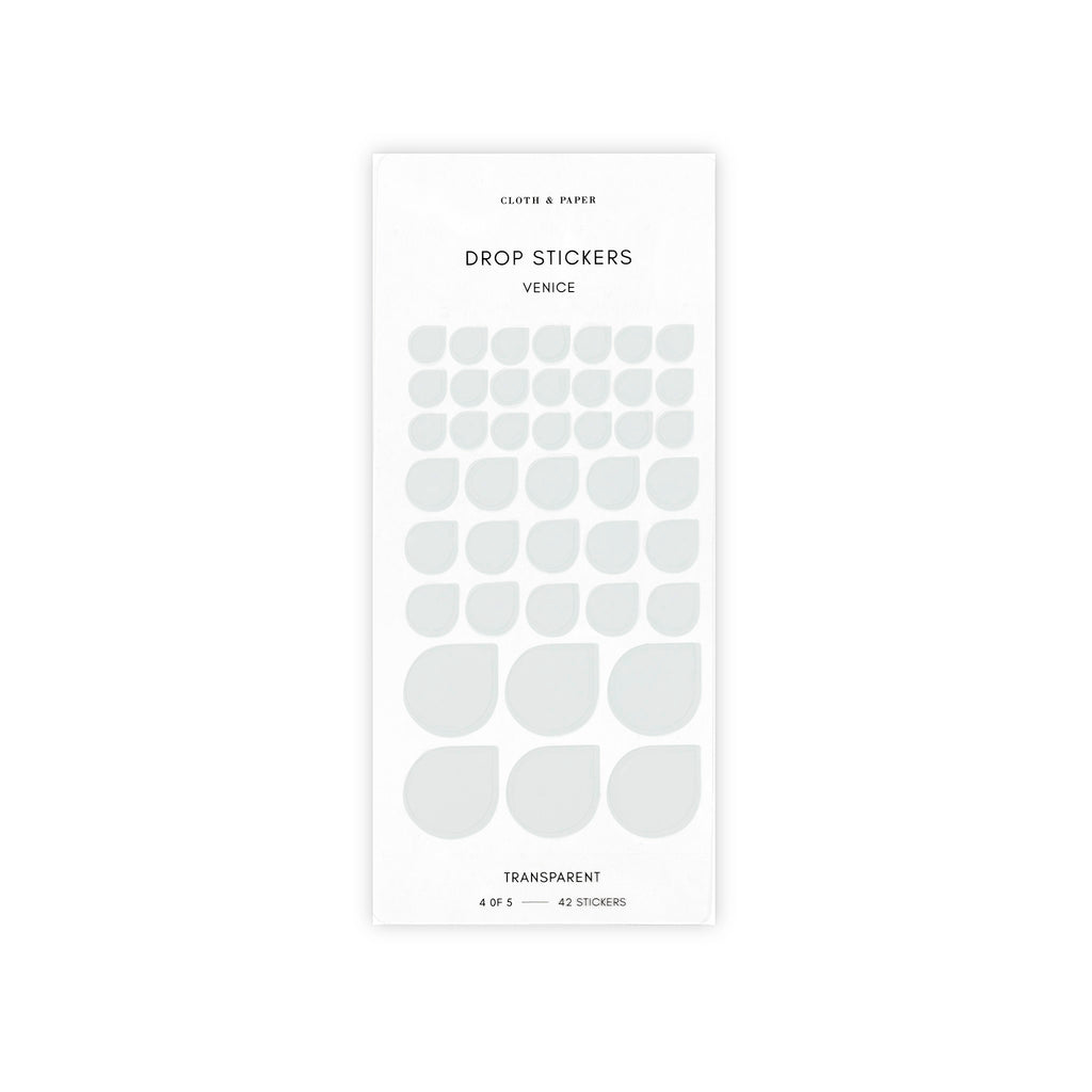 Minimal Shape Sticker Set with Transparent Drops in Venice displayed against a white background.