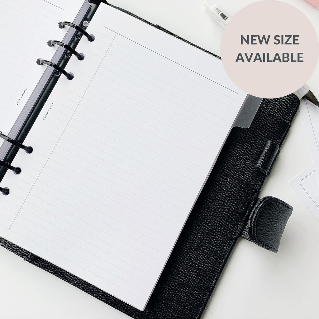 Task Planner Inserts styled inside a black leather agenda with black rings. There is a graphic bubble at the top right of the image with text that reads "NEW SIZE AVAILABLE". 