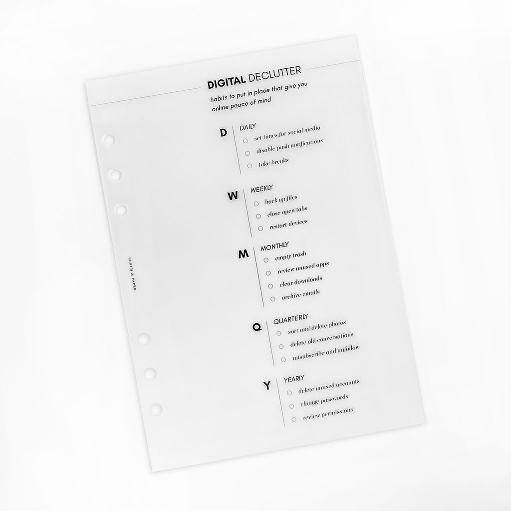Digital Declutter Dashboard, Cloth and Paper. Dashboard displayed on a white background.