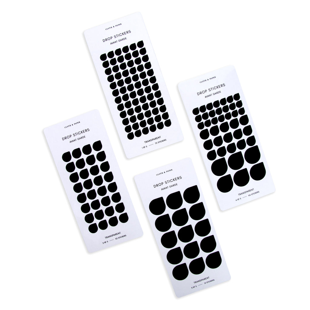Four sheets of Avant Garde drop stickers in varying sizes shown parallel to each other on a white background.
