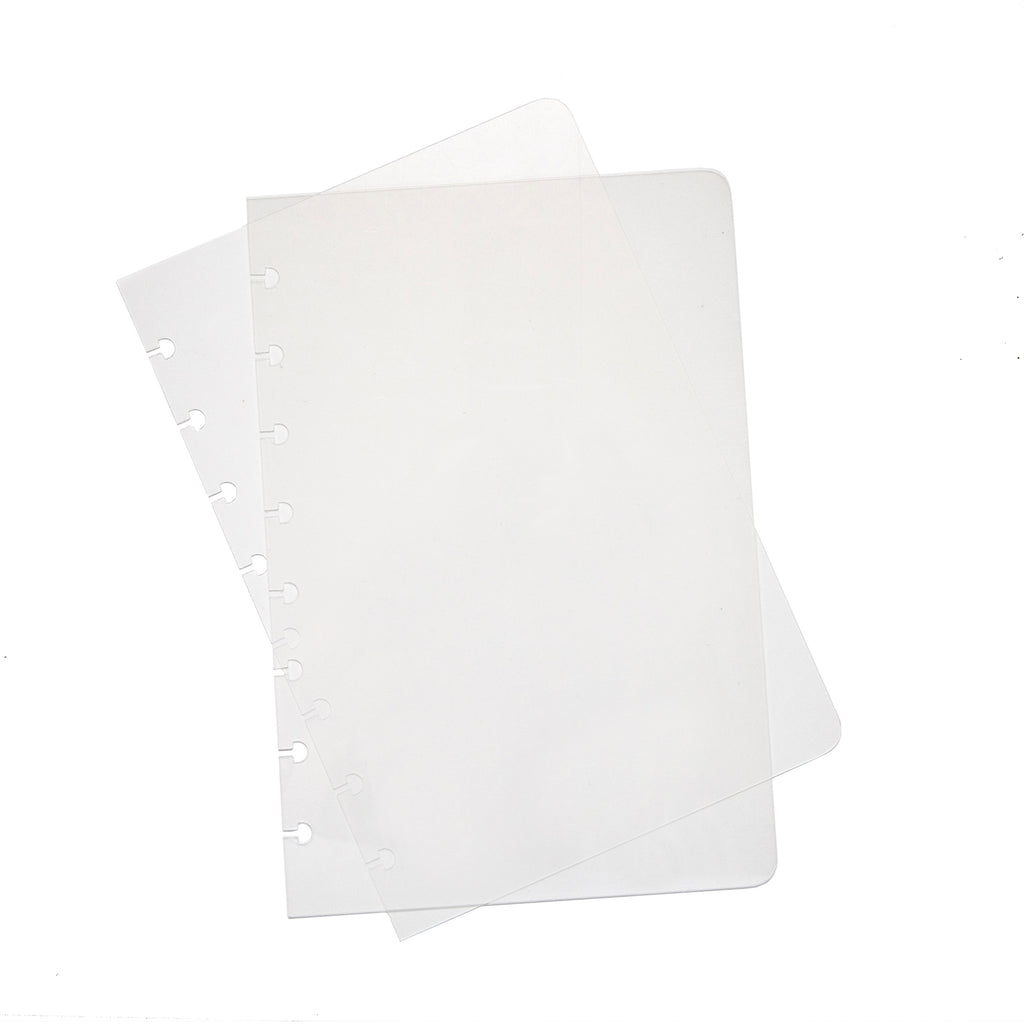 Glass plastic notebook covers displayed on a white background.