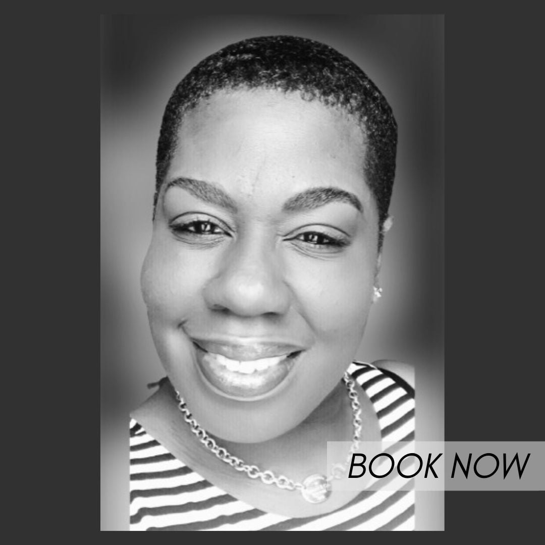 Planner Consultant Iesha smiling with short hair, wearing a chain necklace and a striped tank top. Text reading "book now" is displayed in the bottom right corner of the image.