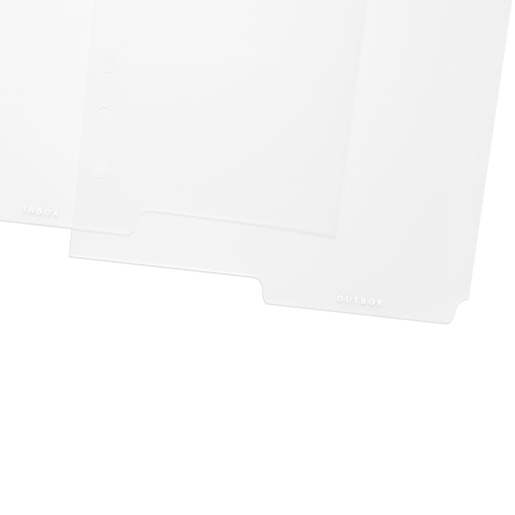 Inbox/Outbox Planner Tab Dividers, White Text, Cloth and Paper. Close up on staggered divider tabs against white background.