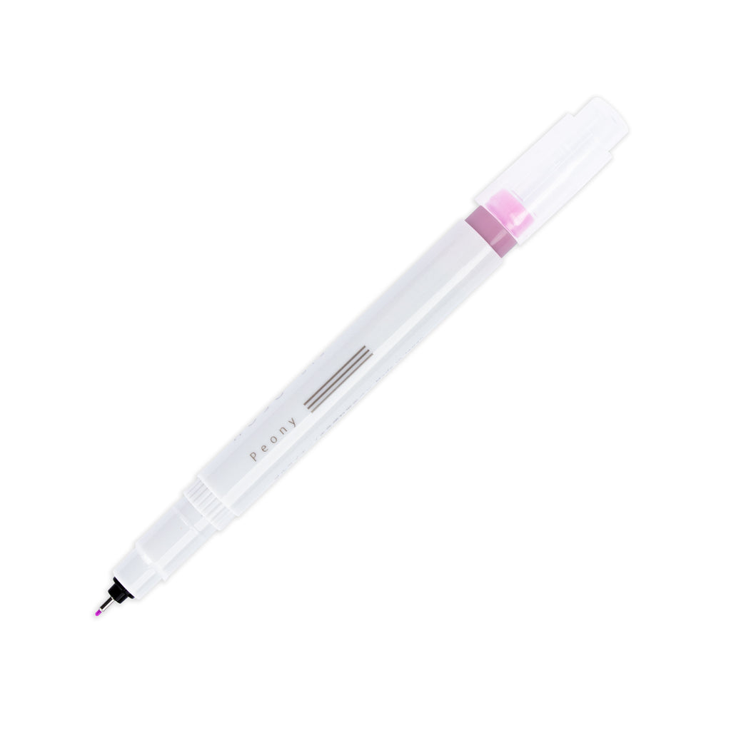 Fineliner marker in Peony with nib exposed and cap posted to the end of its barrel on a white background.
