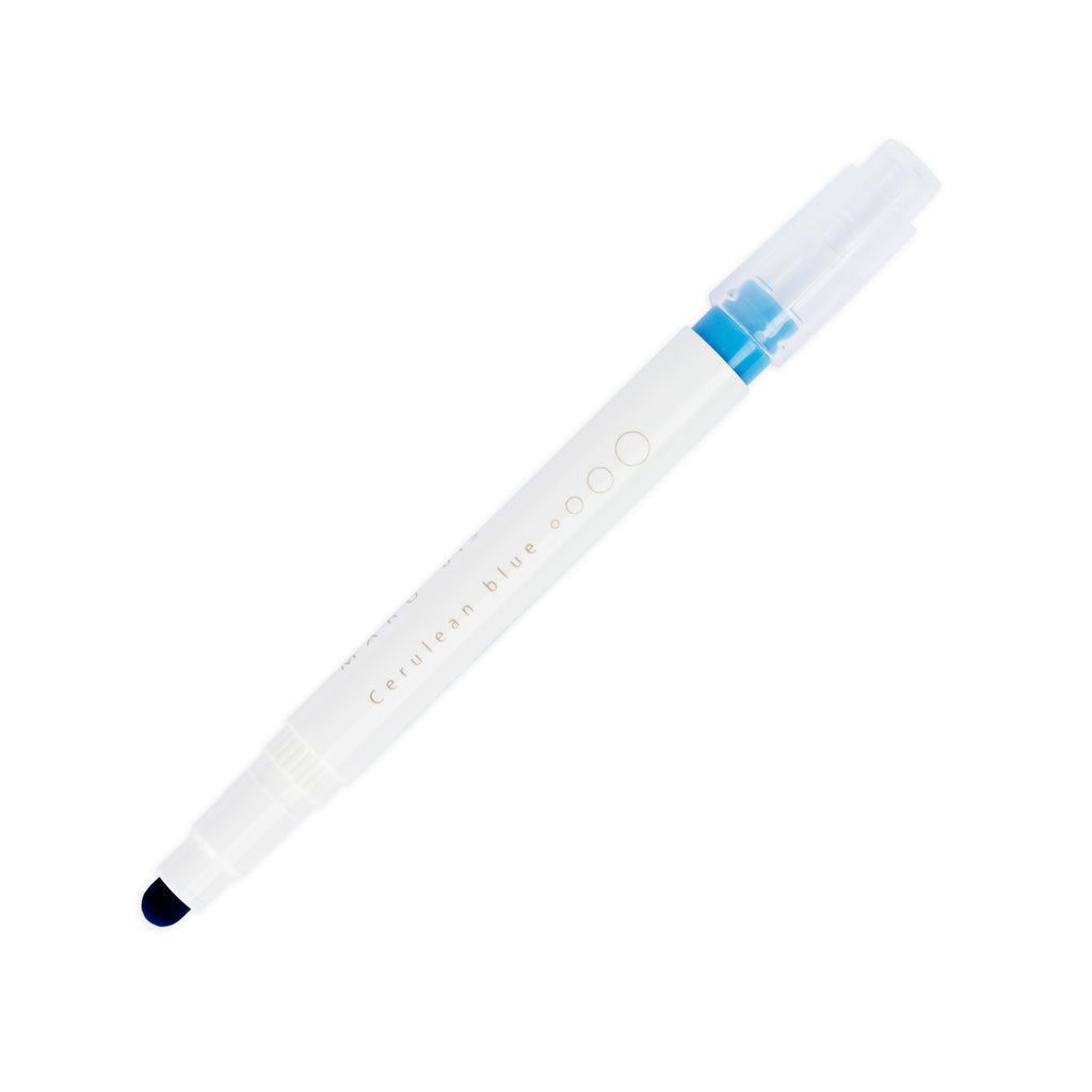 Cerulean Blue highlighter with tip exposed and cap posted to the end of its barrel on a white background.