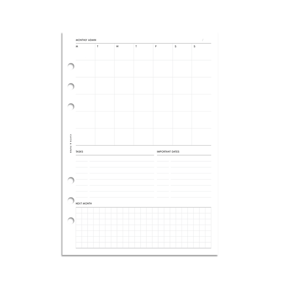 Monthly Admin Planner Inserts, Monday Start, A5, Cloth and Paper. Digital mockup of inserts in A5.