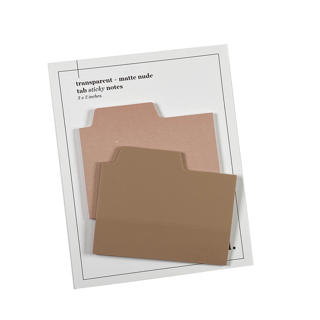 Blank Tab Sticky Note Set, Nude, Cloth and Paper. Sticky note set displayed against a white background. The matte sticky note pad is attached to the sticky note backing, while the transparent sticky note pad is layered on top of it, turned slightly to the right.