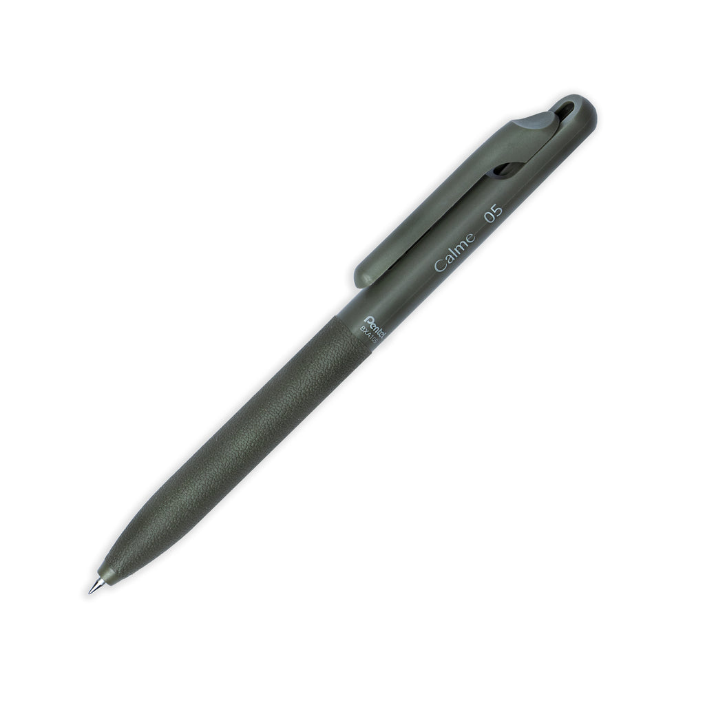 Khaki pen turned to the right against a white background.