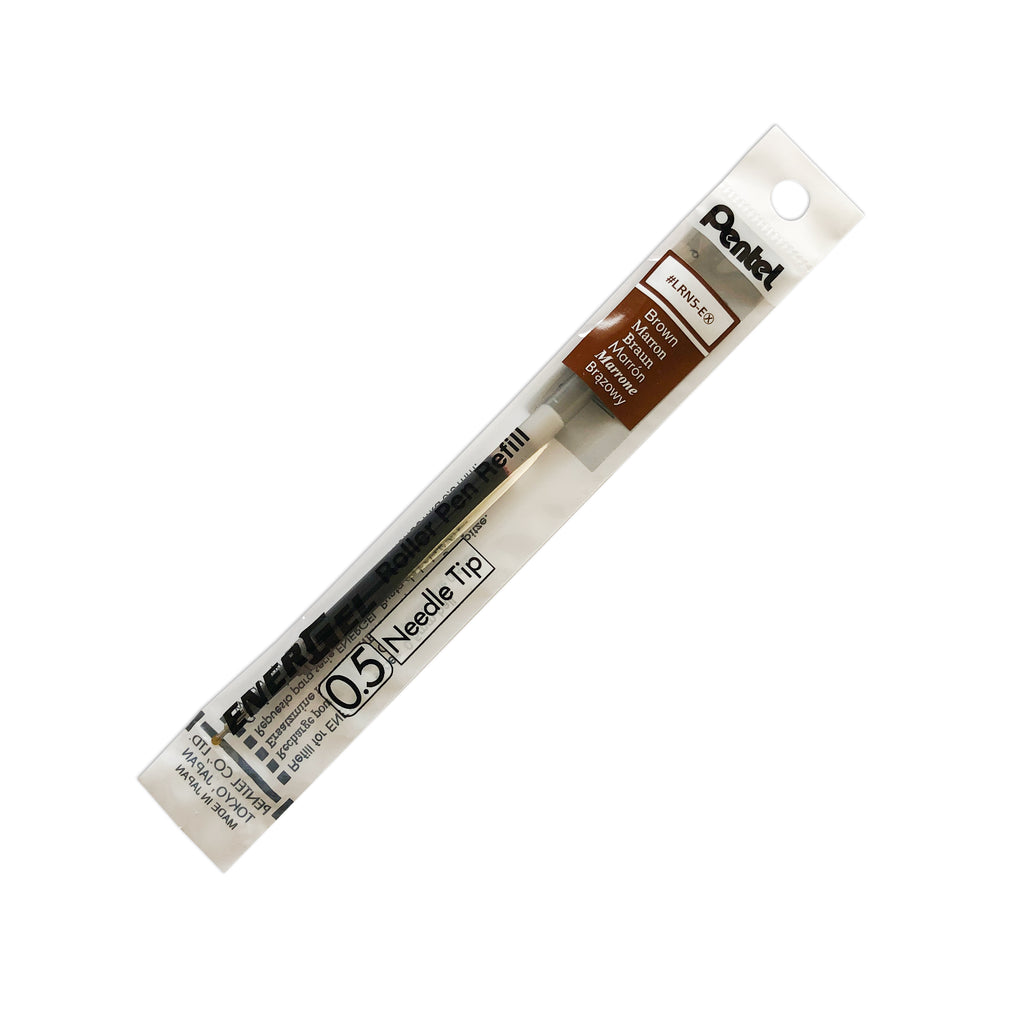 Pentel Energel Refill | Brown | Cloth & Paper. Ink refill shown in its packaging tilted to the right on a white background.