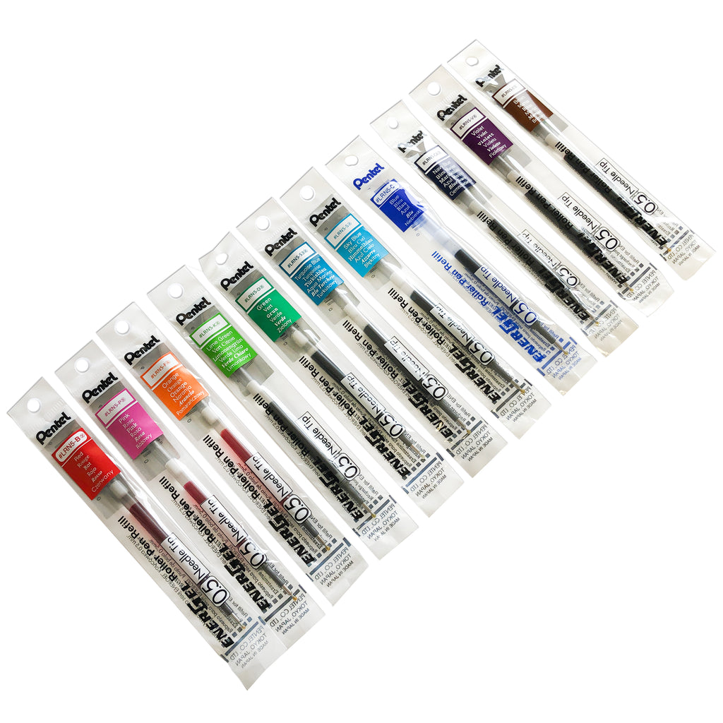 Pentel Energel Refill, Cloth and Paper. Eleven colors of pen refills arranged side by side and tilted horizontally on a white background.
