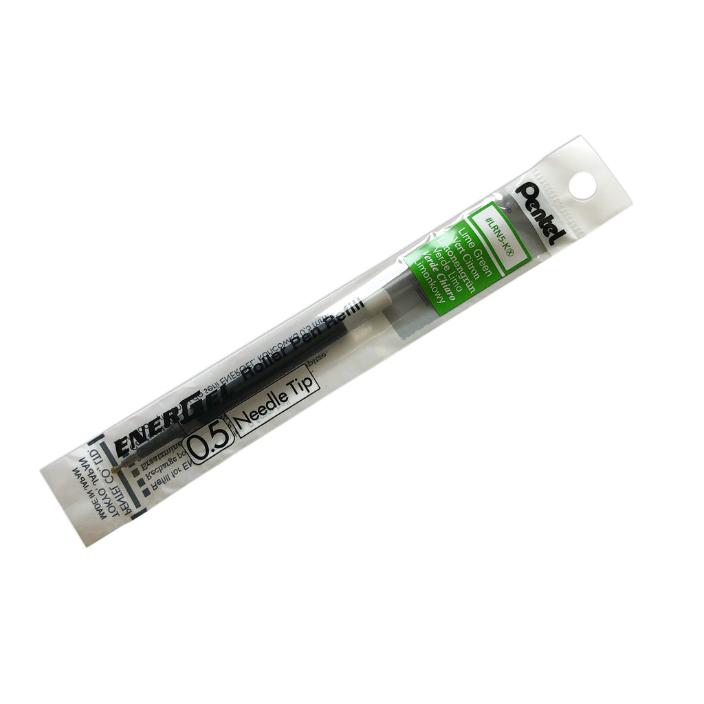 Pentel Energel Refill | Lime Green | Cloth & Paper. Ink refill shown in its packaging tilted to the right on a white background.