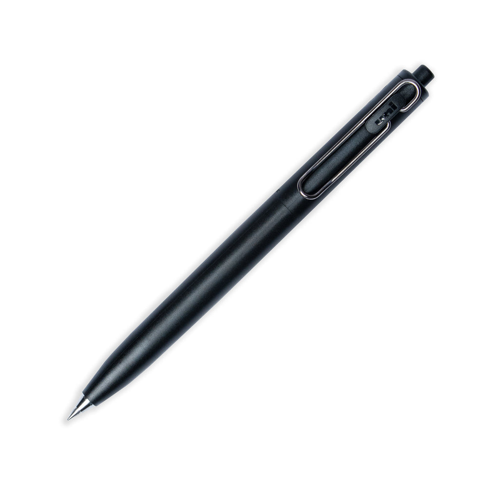 Uni-ball One F Gel Pen with a 0.38 mm nib in Black turned to the right against a white background.