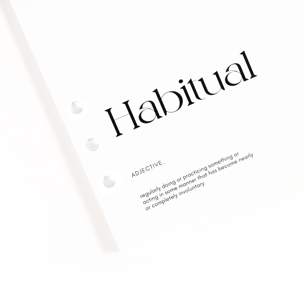 Close-up on bottom left corner of cover page showing text that reads "Habitual: adjective. Regularly doing or practicing something or acting in some manner that has become nearly or completely involuntary."
