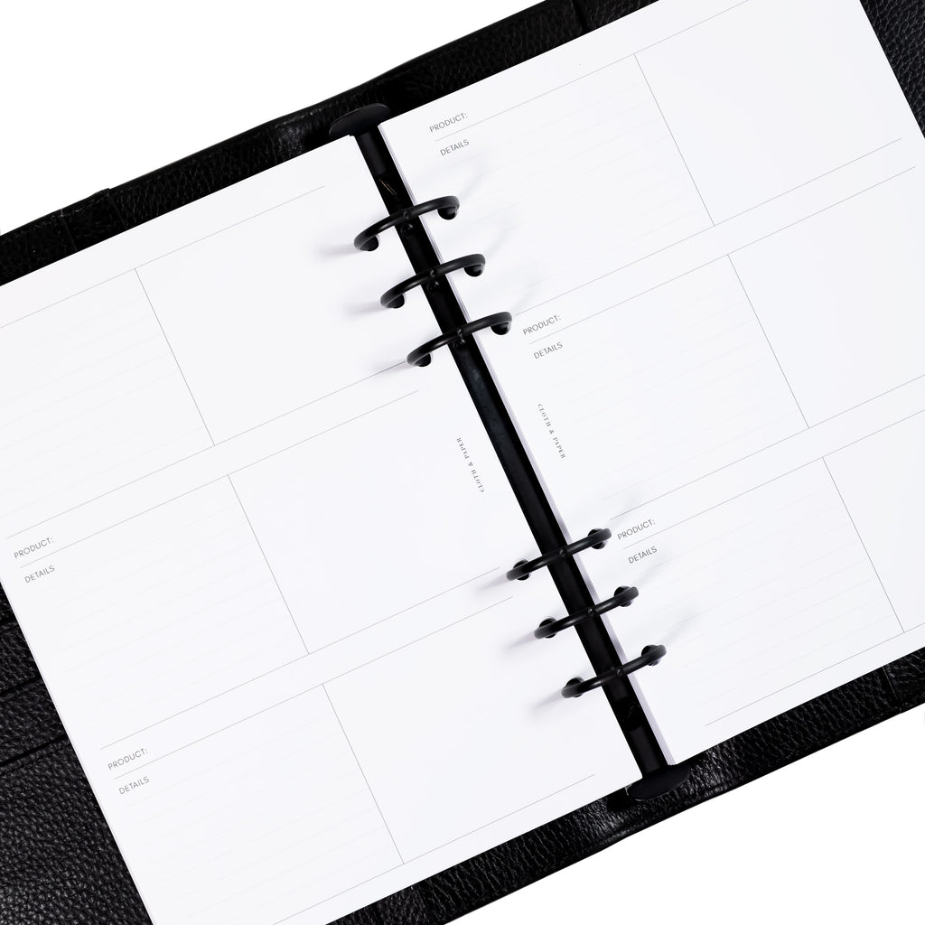 Product Inventory Inserts, Cloth and Paper. Inserts displayed inside an A5 6-Ring Planner.