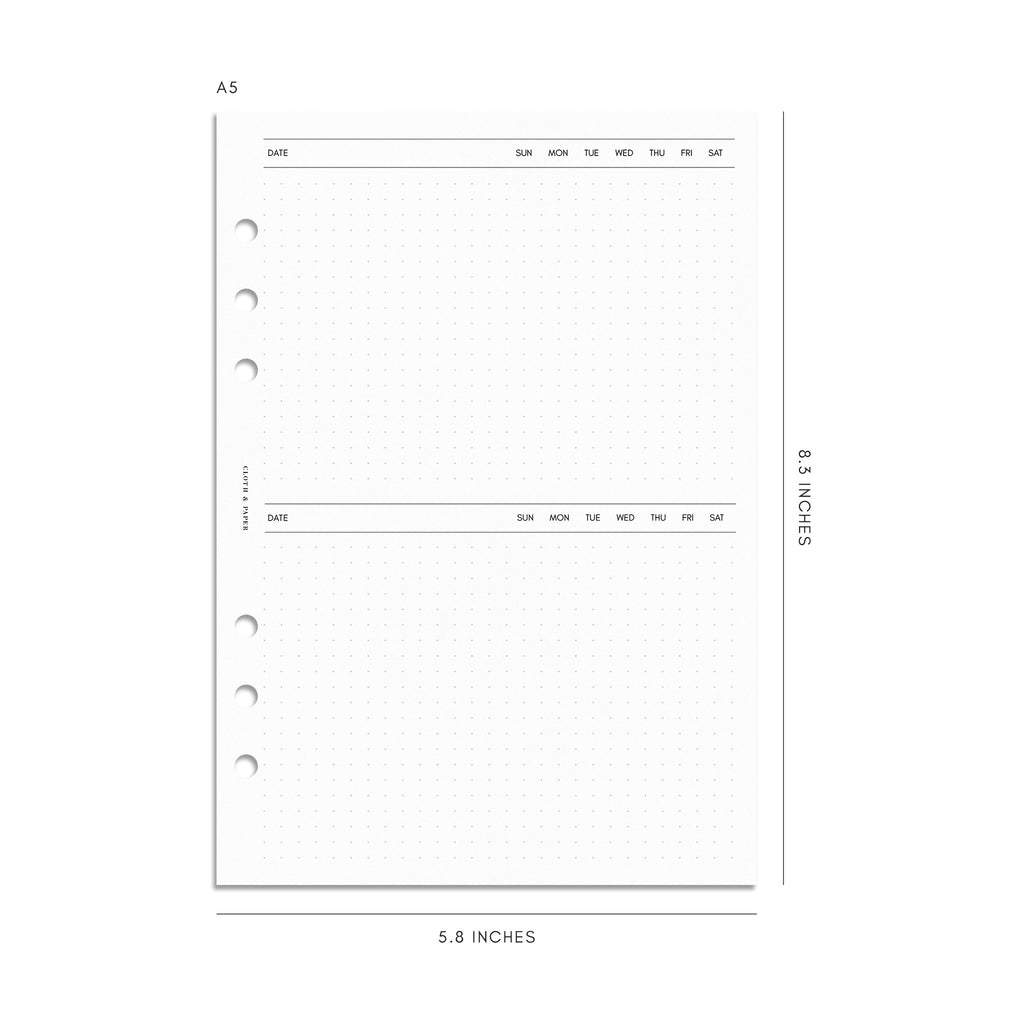 Digital mockup of insert in A5 sizing. Page shown is the dot grid journaling section. 