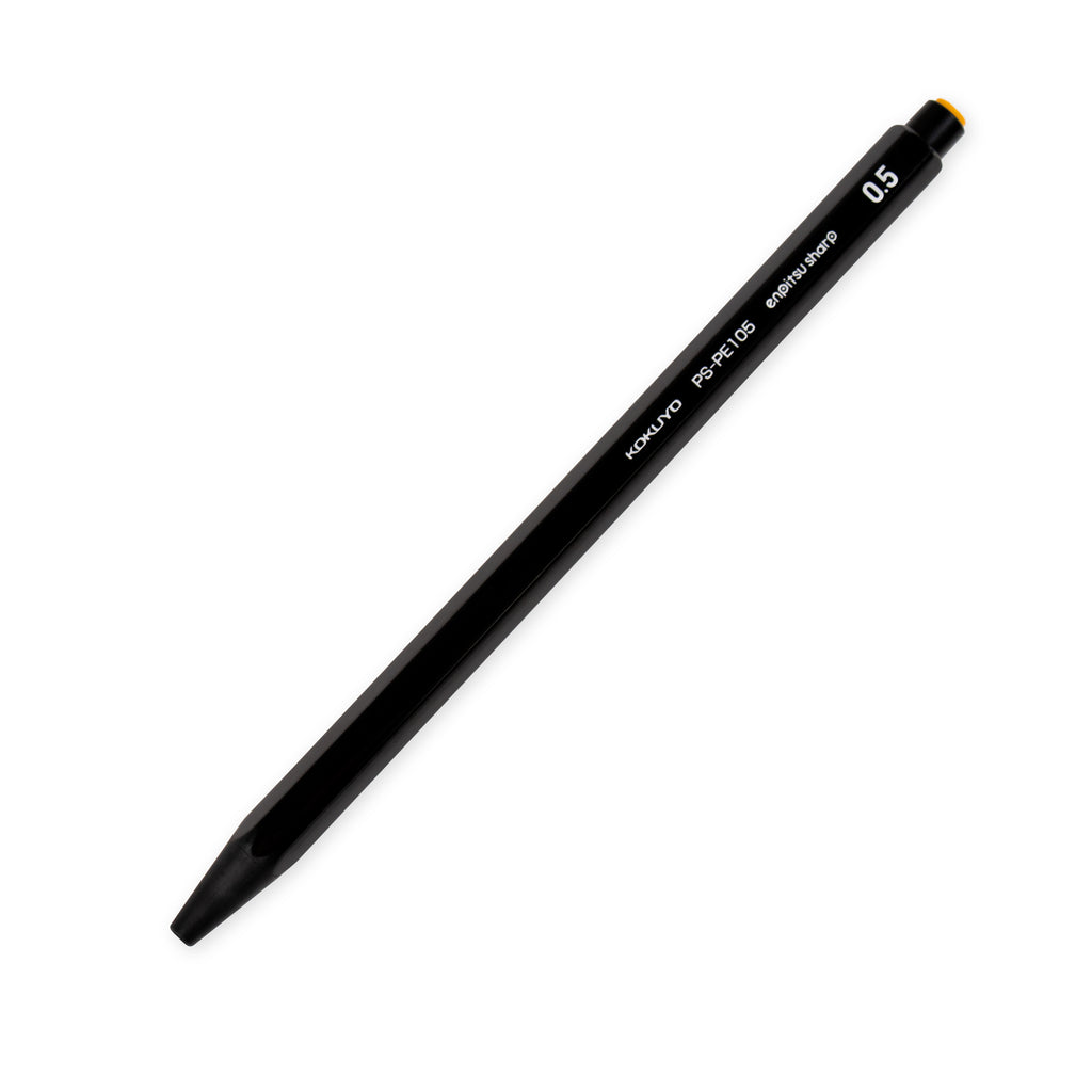 Kokuyo Enpitsu Sharp Mechanical Pencil, 0.5, Black, Cloth and Paper. Pencil turned to the right against a white background.