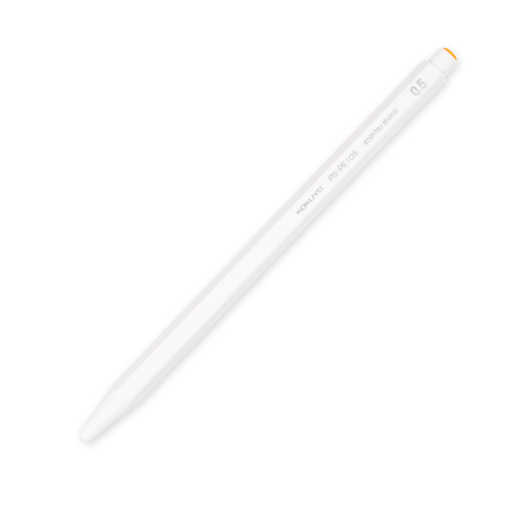 Kokuyo Enpitsu Sharp Mechanical Pencil, 0.5, White, Cloth and Paper. Pencil turned to the right against a white background.
