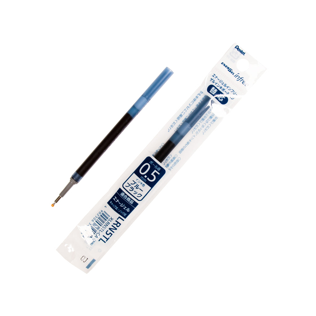 Pentel Energel Infree Ink Refill, 0.5 mm, Blue Black, Cloth and Paper. Pen ink refill in packaging with another pen ink refill outside of it to the left. Both are parallel to each other, turned to the right against a white background.