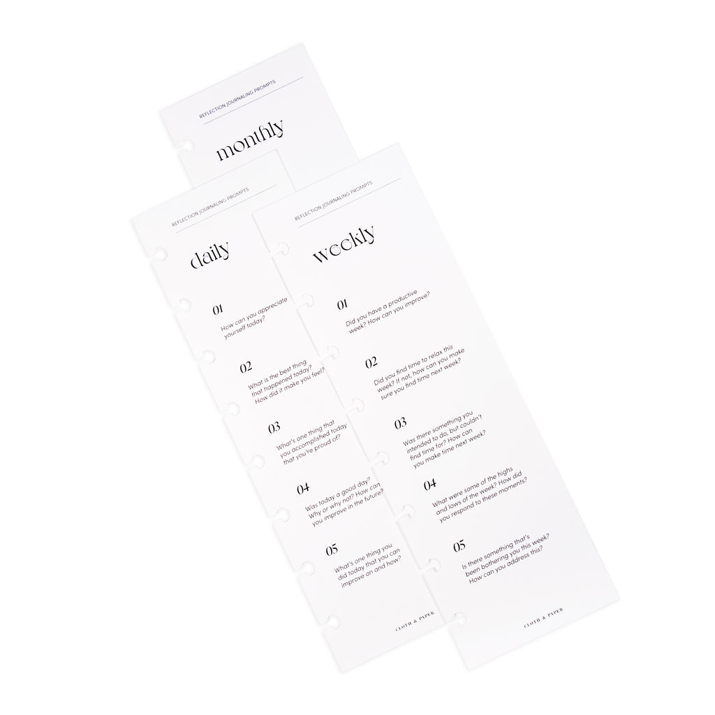 Daily Reflection Journaling Prompts, Half Page Dashboard, Cloth and Paper. Dashboard displayed with matching Weekly and Monthly Dashboards, each layered on top of the other against a white background.