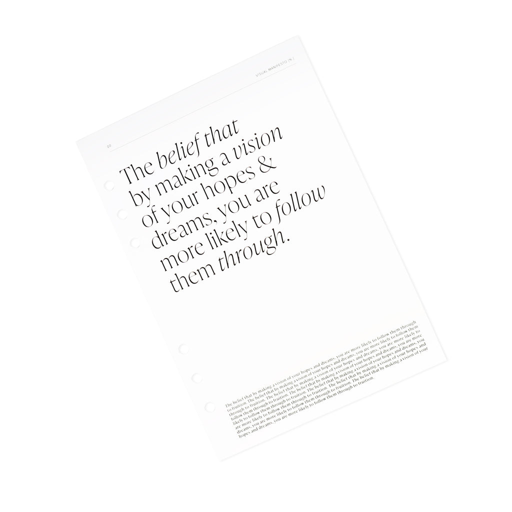 Quote page from inserts turned to the left against a white background. Page reads "The belief that by making a vision of your hopes and dreams, you are more likely to follow them through."