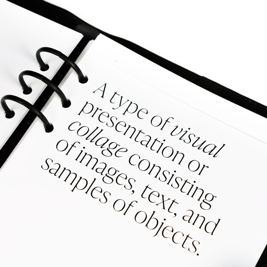 Quote page from refill inserts inside a leather planner. Page reads "A type of visual presentation or collage consisting of images, text, and samples of objects."